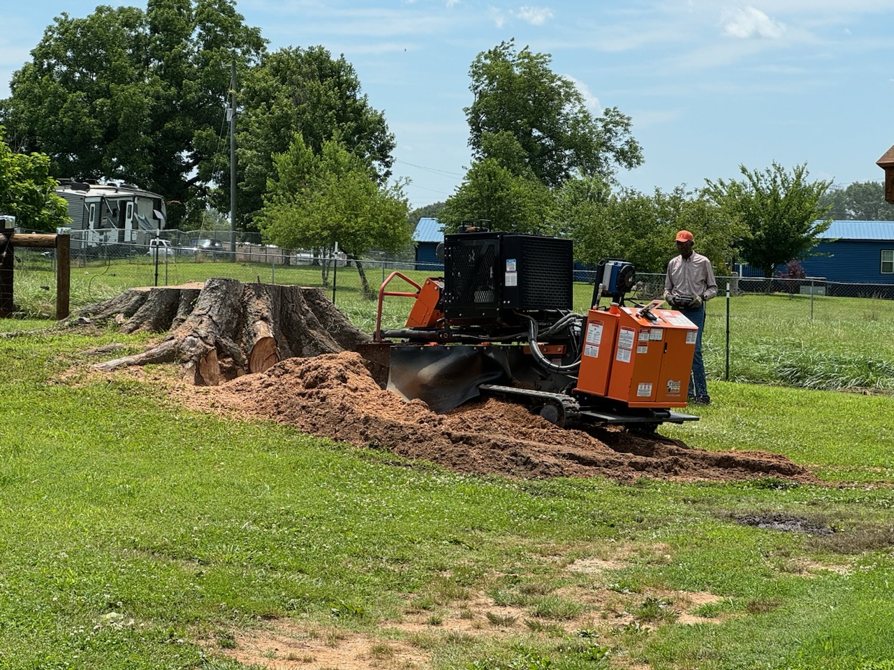 Professional stump grinding service removing a tree stump with commercial stump grinder in Woodruff, South Carolina